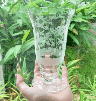Clear Floral Etched Footed Water Goblets (1940)