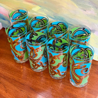 22K Groovy Green & Blue ‘Lava Lamp’ Highball Glasses, Set of 8 (1960)