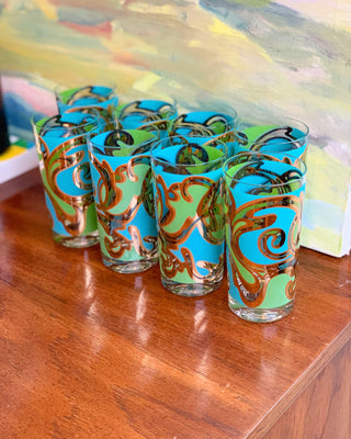 22K Groovy Green & Blue ‘Lava Lamp’ Highball Glasses, Set of 8 (1960)