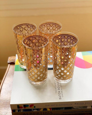 22K Criss-Cross or Old Lace Highball Glasses, Set of 4 (1960)