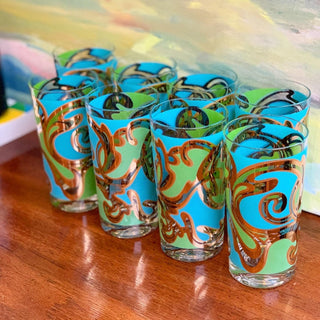 22K Groovy Green & Blue ‘Lava Lamp’ Highball Glasses, Set of 8 (1960)