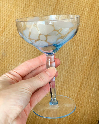 Twilight Blue Floral Etched Champagne Coupes (1940)