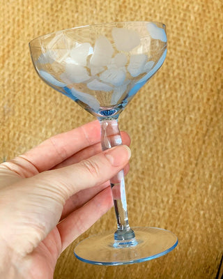 Twilight Blue Floral Etched Champagne Coupes (1940)