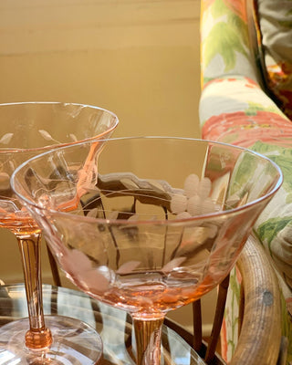 Pink Art Deco Etched Champagne Coupes, Set of 4 (1940)