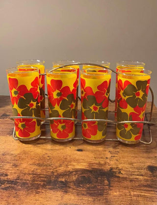 1970s Flower Power Glassware Set (8 Glasses & Caddy)