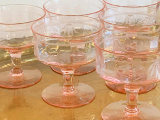 Pink Champagne Coupes with Detailed Etching [Set of 6] (1940)