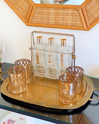Gold Decanter Trio of Gin, Scotch, & Bourbon with Lock & Key, 6 pieces total (1960)