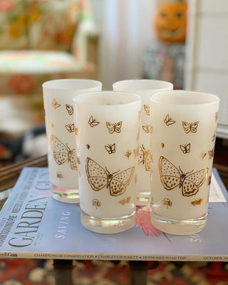 1970s Frosted Gold Butterfly Highball Glasses (Set of 4)