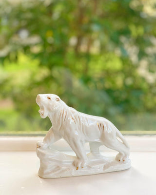 Midcentury White & Gold Tiger Statue