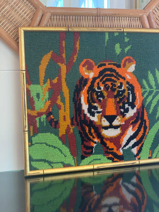 Tiger Needlepoint in Gold Bamboo Frame (14.25x12.75) [1970]