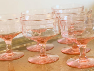 Pink Champagne Coupes with Detailed Etching [Set of 6] (1940)