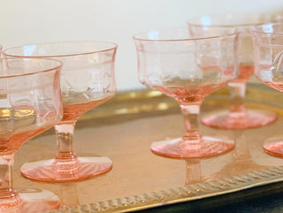 Pink Champagne Coupes with Detailed Etching [Set of 6] (1940)