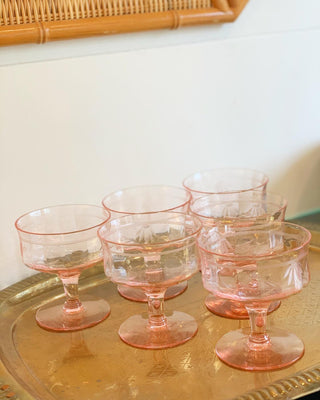 Pink Champagne Coupes with Detailed Etching [Set of 6] (1940)