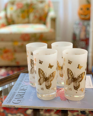 1970s Frosted Gold Butterfly Highball Glasses (Set of 4)