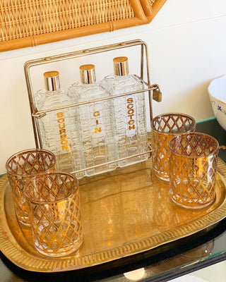 Gold Decanter Trio of Gin, Scotch, & Bourbon with Lock & Key, 6 pieces total (1960)