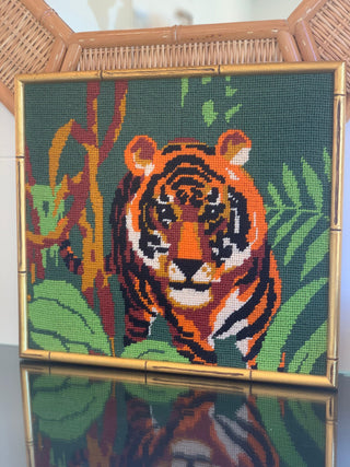 Tiger Needlepoint in Gold Bamboo Frame (14.25x12.75) [1970]